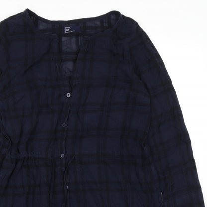 Gap Womens Blue Plaid Chlorofibre Trapeze & Swing Size S V-Neck Button - Drawstring Waist