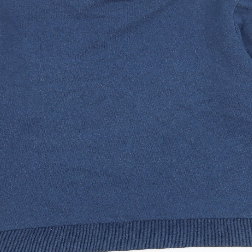 Brand and care label for Ellesse boys’ blue cotton pullover sweatshirt, size L, pullover