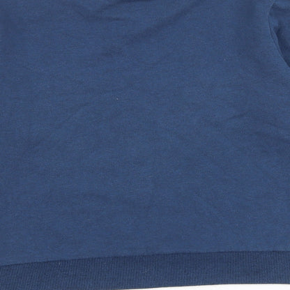 Brand and care label for Ellesse boys’ blue cotton pullover sweatshirt, size L, pullover