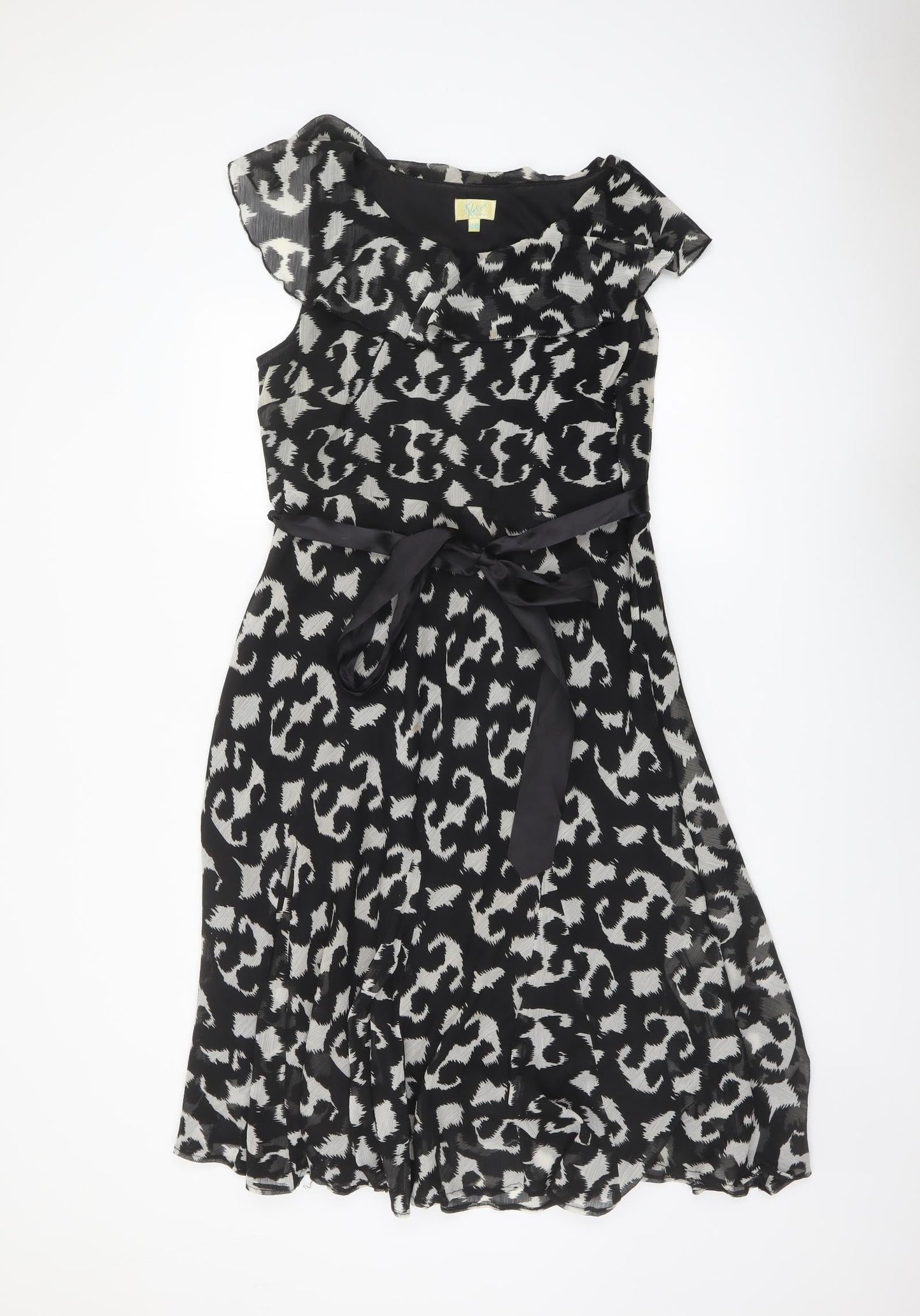 Klass Womens Black Geometric Polyester A-Line Size 14 Round Neck Pullover - Belted