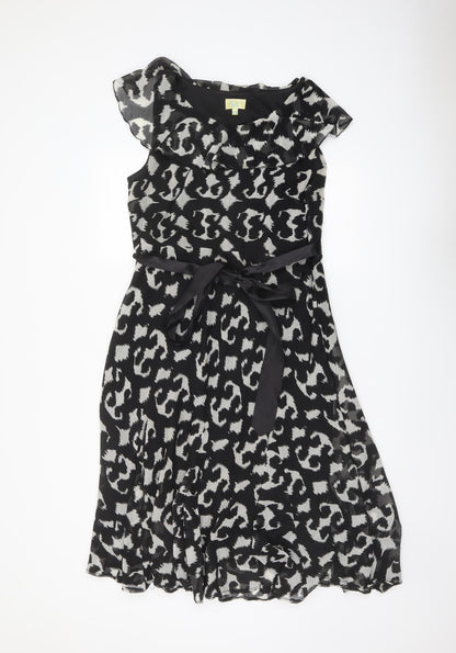 Klass Womens Black Geometric Polyester A-Line Size 14 Round Neck Pullover - Belted