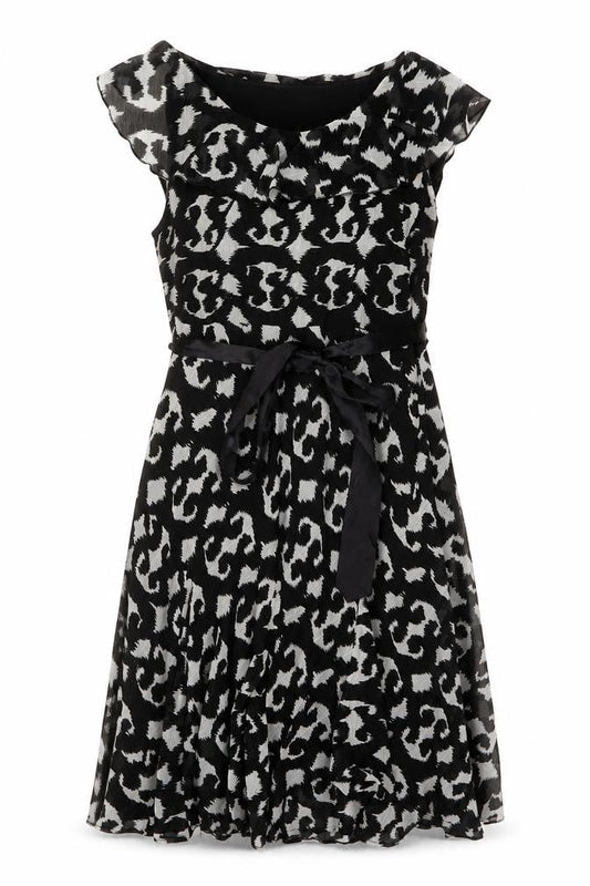 Klass Womens Black Geometric Polyester A-Line Size 14 Round Neck Pullover - Belted