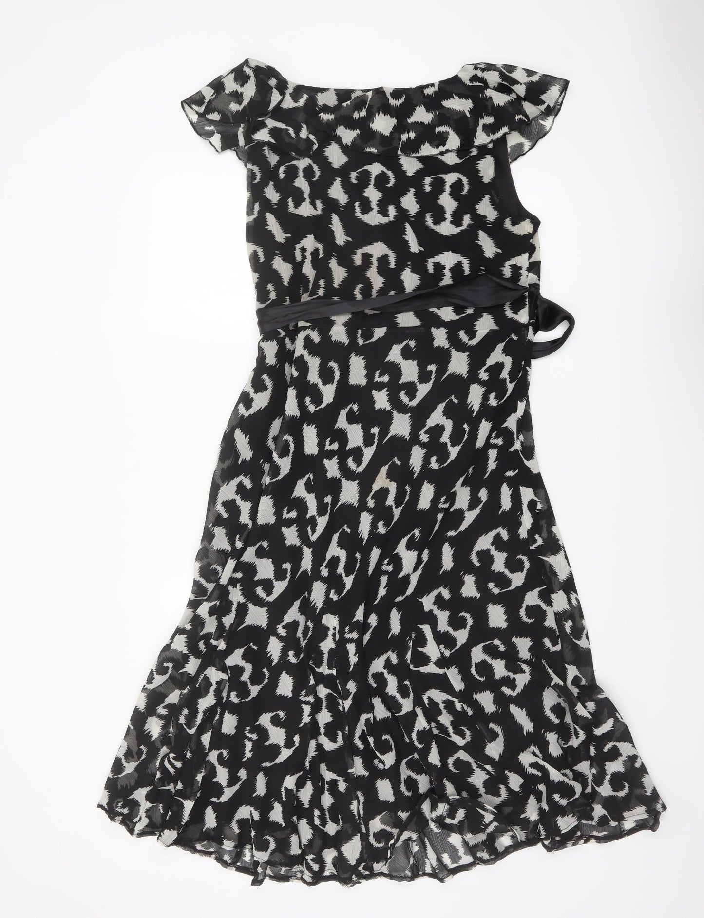 Klass Womens Black Geometric Polyester A-Line Size 14 Round Neck Pullover - Belted