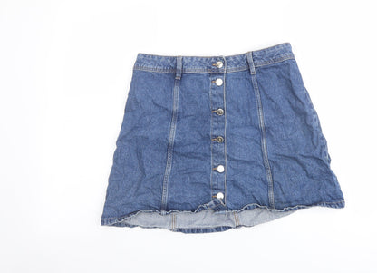 H&M Womens Blue Cotton A-Line Skirt Size 14 Button