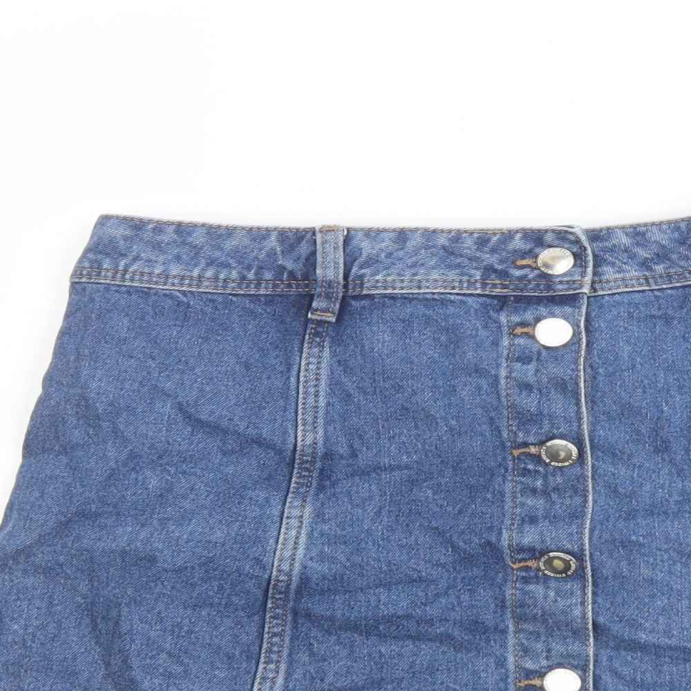 H&M Womens Blue Cotton A-Line Skirt Size 14 Button