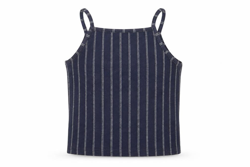 Front view of New Look girls’ blue striped polyester camisole tank, size 12-13, years square neck pullover