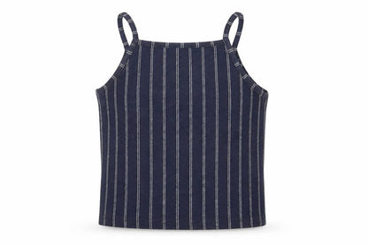 Front view of New Look girls’ blue striped polyester camisole tank, size 12-13, years square neck pullover