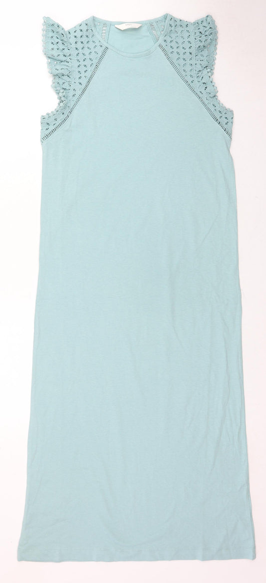 Marks and Spencer Womens Blue Cotton A-Line Size XS Round Neck Pullover - Broderie Anglaise Sleeve