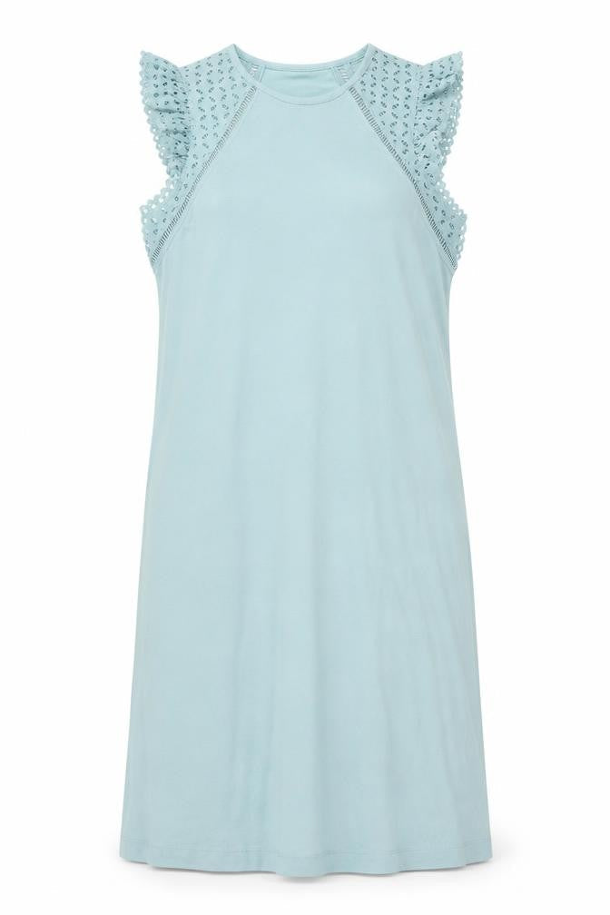 Marks and Spencer Womens Blue Cotton A-Line Size XS Round Neck Pullover - Broderie Anglaise Sleeve