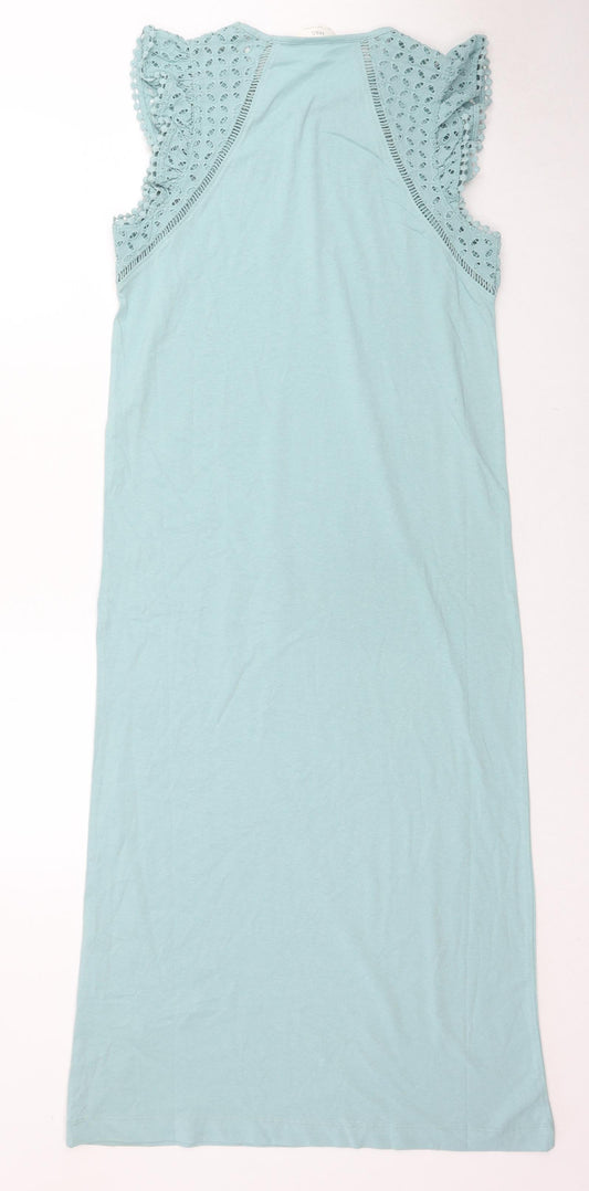 Marks and Spencer Womens Blue Cotton A-Line Size XS Round Neck Pullover - Broderie Anglaise Sleeve