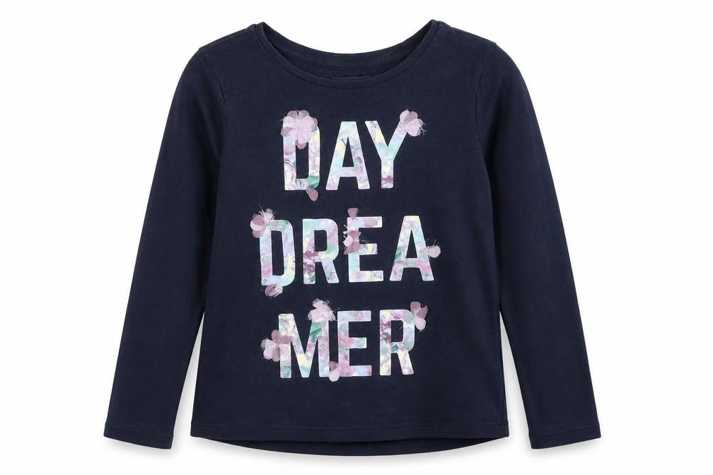 Front view of Gap girls’ blue cotton basic t-shirt, size 8, years round neck pullover - daydreamer flower details