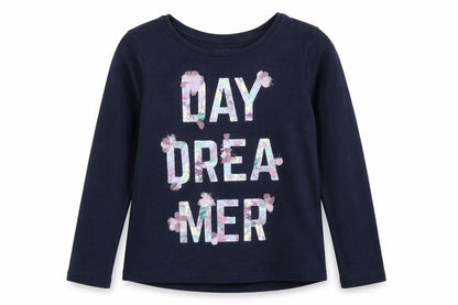 Front view of Gap girls’ blue cotton basic t-shirt, size 8, years round neck pullover - daydreamer flower details