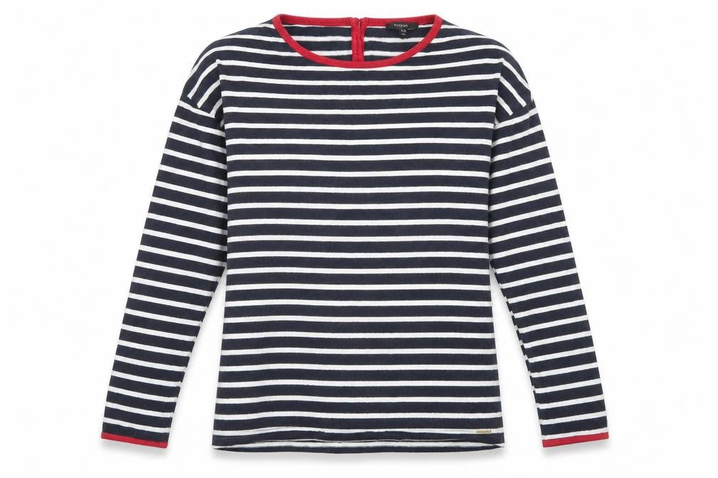 Front view of Autograph girls’ blue round neck striped cotton jumper, size 15-16, years button