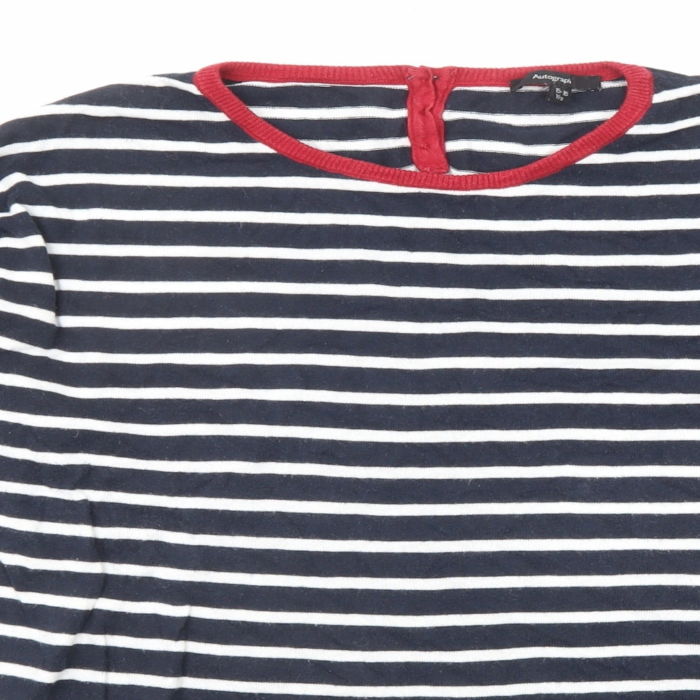 Autograph Girls Blue Round Neck Striped Cotton Pullover Jumper Size 15-16 Years Button
