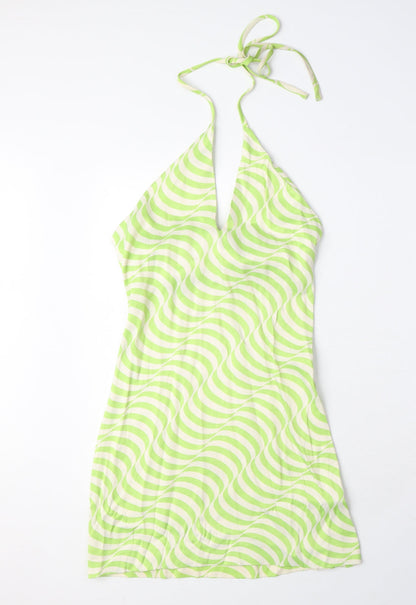 Zara Womens Green Geometric Viscose Bodycon Size XS Halter Zip
