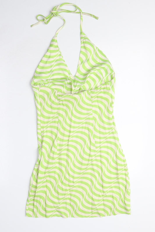 Zara Womens Green Geometric Viscose Bodycon Size XS Halter Zip