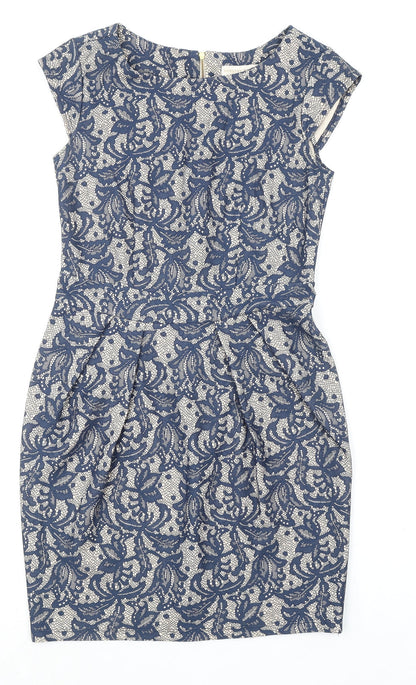 Dorothy Perkins Womens Blue Geometric Nylon Pencil Dress Size 10 Round Neck Zip