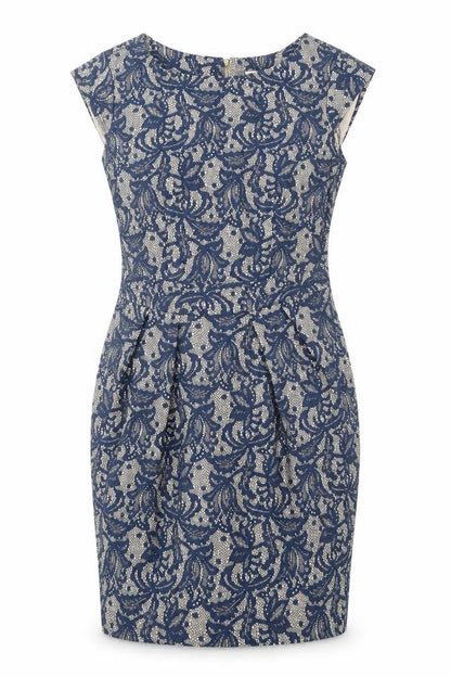 Dorothy Perkins Womens Blue Geometric Nylon Pencil Dress Size 10 Round Neck Zip