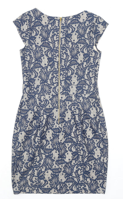 Dorothy Perkins Womens Blue Geometric Nylon Pencil Dress Size 10 Round Neck Zip