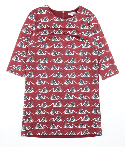 Jaune Rouge Womens Red Geometric Polyester A-Line Size M Round Neck Zip - Swan Pattern
