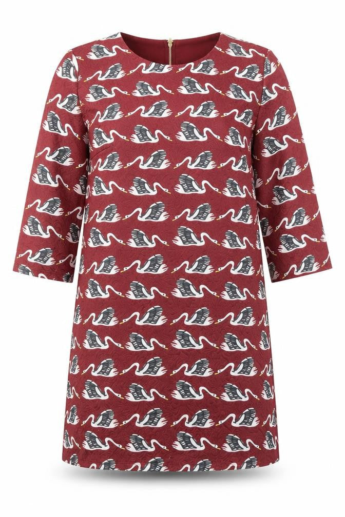 Jaune Rouge Womens Red Geometric Polyester A-Line Size M Round Neck Zip - Swan Pattern