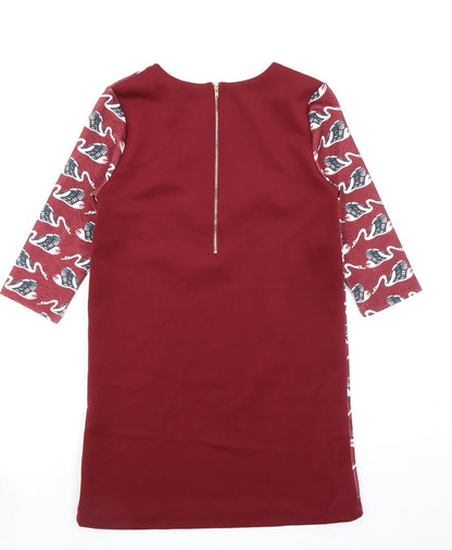 Jaune Rouge Womens Red Geometric Polyester A-Line Size M Round Neck Zip - Swan Pattern