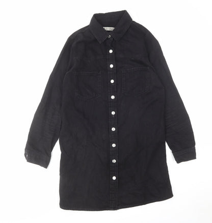 Denim & Co. Womens Black Cotton Shirt Dress Size 10 Collared Button