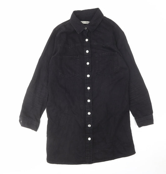 Denim & Co. Womens Black Cotton Shirt Dress Size 10 Collared Button