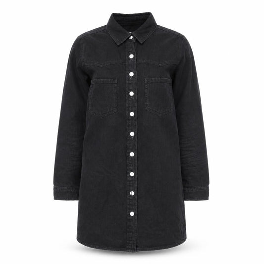 Front view of Denim & Co. women’s black cotton shirt dress, size UK 10, collared button