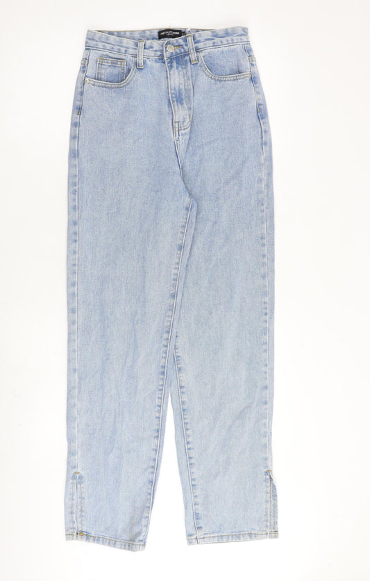 PRETTYLITTLETHING Womens Blue Cotton Boyfriend Jeans Size 8 L30 in Regular Zip - Ankle Slit