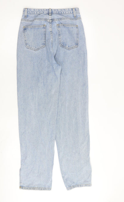 PRETTYLITTLETHING Womens Blue Cotton Boyfriend Jeans Size 8 L30 in Regular Zip - Ankle Slit