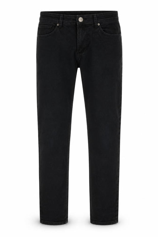 Front view of Denim & Co. men’s black cotton straight jeans, size 32, in, 32-inch leg slim zip