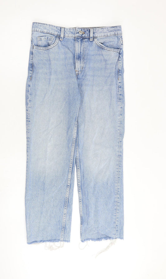 Mango Womens Blue Cotton Straight Jeans Size 10 L26 in Regular Zip - Distressed Hems