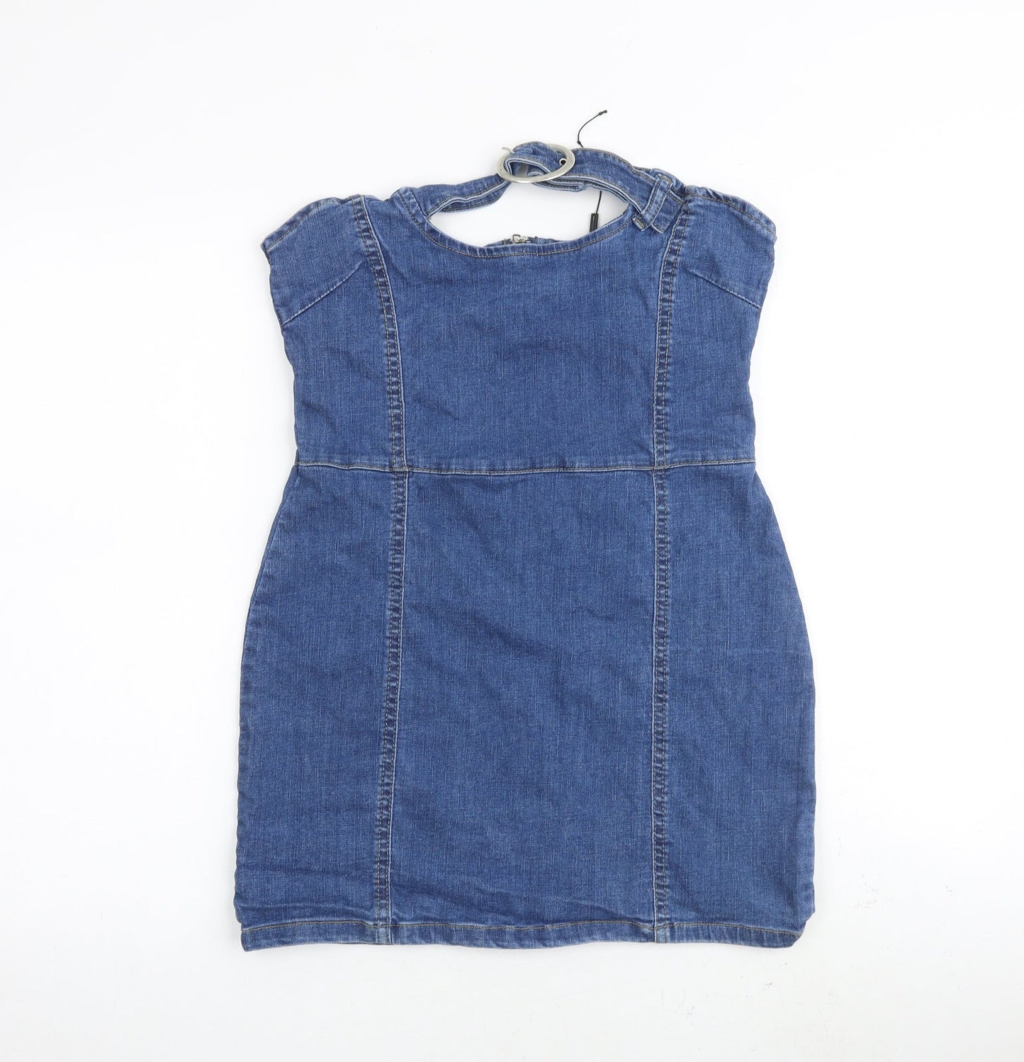 PRETTYLITTLETHING Womens Blue Cotton Mini Size 10 Off the Shoulder Zip