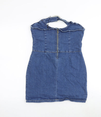 PRETTYLITTLETHING Womens Blue Cotton Mini Size 10 Off the Shoulder Zip