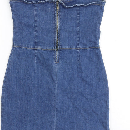 PRETTYLITTLETHING Womens Blue Cotton Mini Size 10 Off the Shoulder Zip