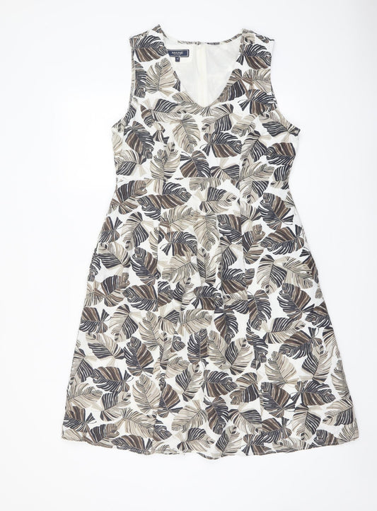 Maine Womens Beige Floral Cotton A-Line Size 12 V-Neck Zip