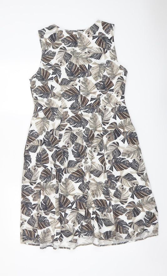 Maine Womens Beige Floral Cotton A-Line Size 12 V-Neck Zip