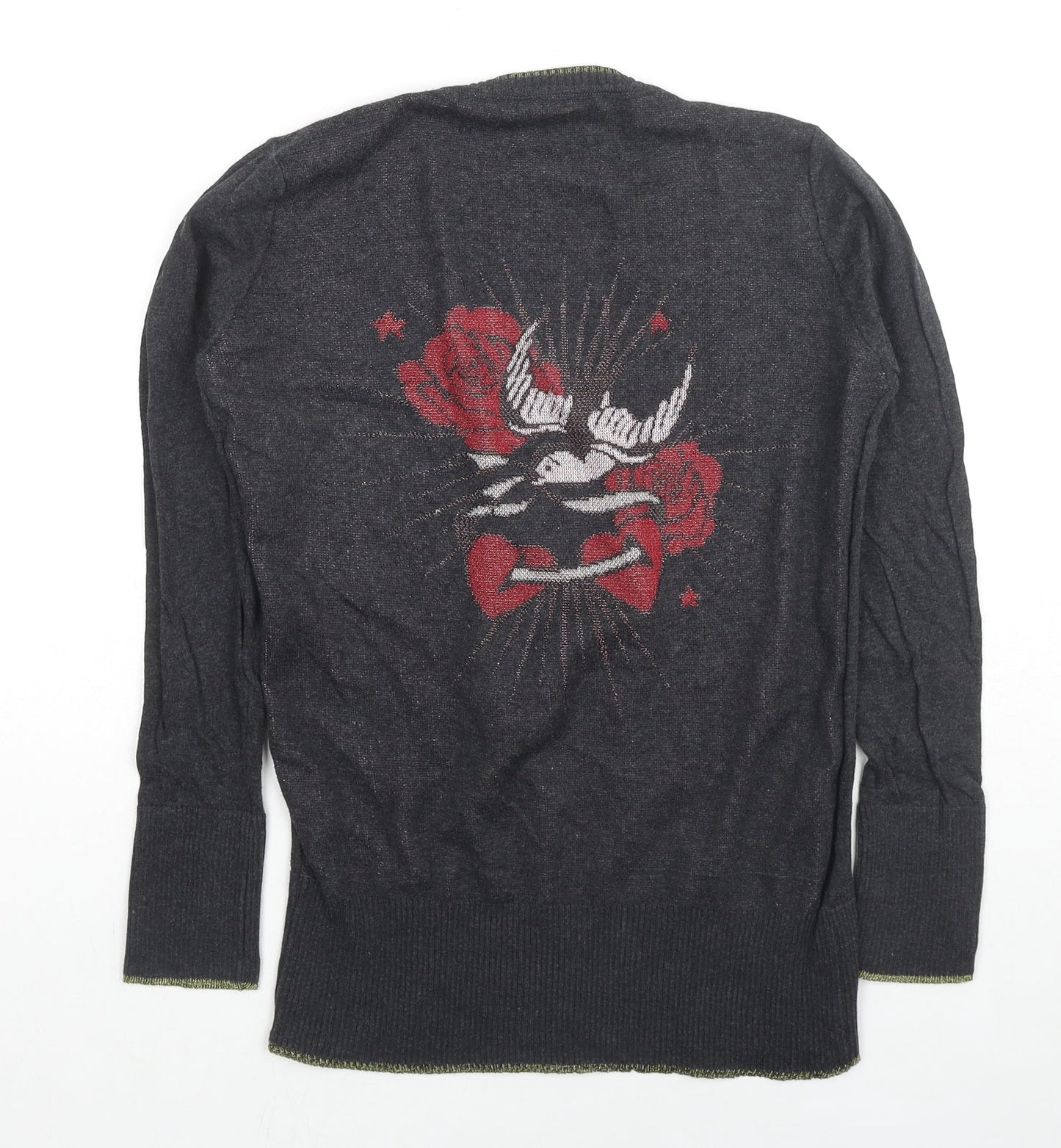 Butterfly Womens Grey V-Neck Cotton Pullover Jumper Size M - Heart Rose Wings