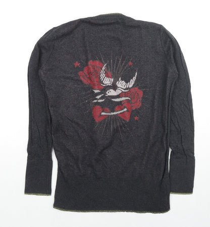 Butterfly Womens Grey V-Neck Cotton Pullover Jumper Size M - Heart Rose Wings