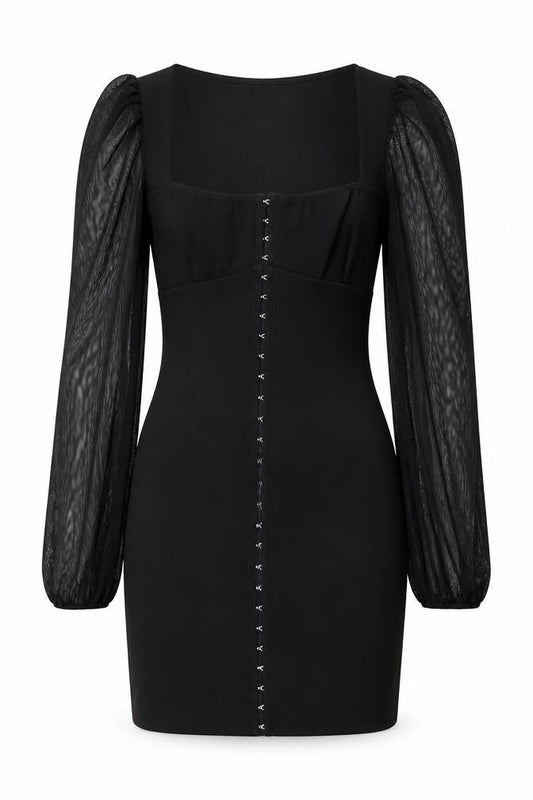 Front view of I SAW IT FIRST women’s black polyester pencil dress, size UK 6, square neck hook & eye