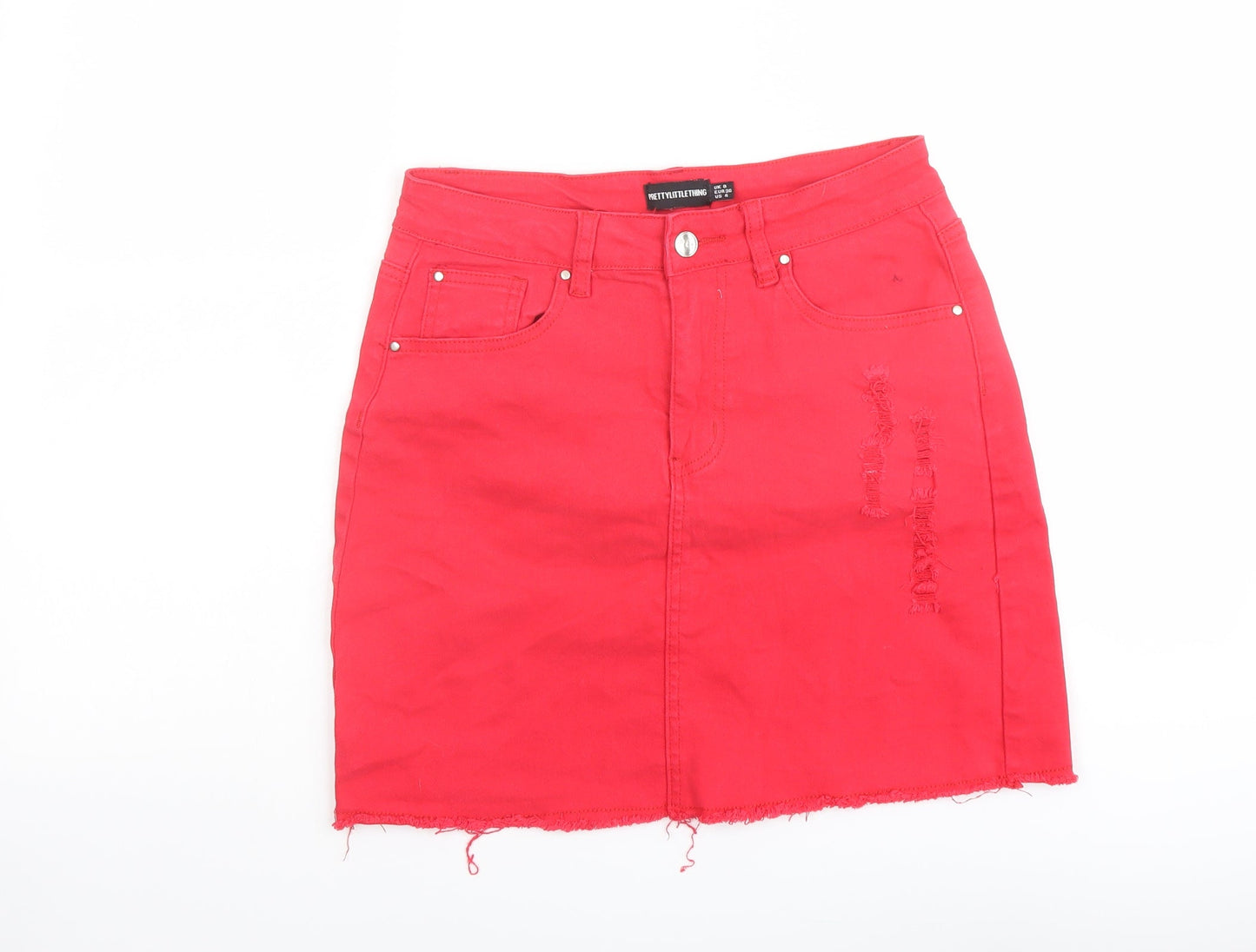 PRETTYLITTLETHING Womens Red Cotton A-Line Skirt Size 8 Button - Distressed Raw Hem
