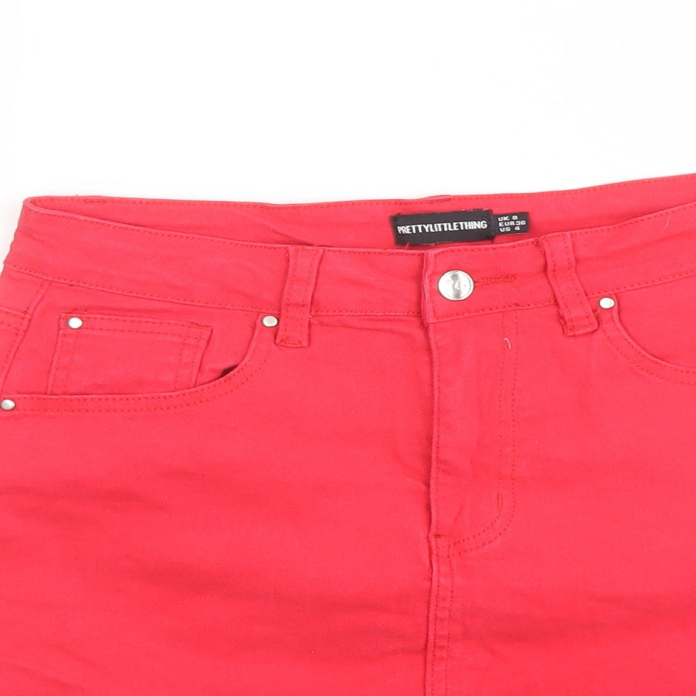 PRETTYLITTLETHING Womens Red Cotton A-Line Skirt Size 8 Button - Distressed Raw Hem