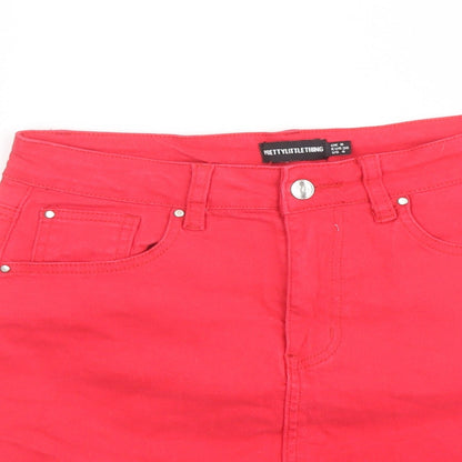 PRETTYLITTLETHING Womens Red Cotton A-Line Skirt Size 8 Button - Distressed Raw Hem