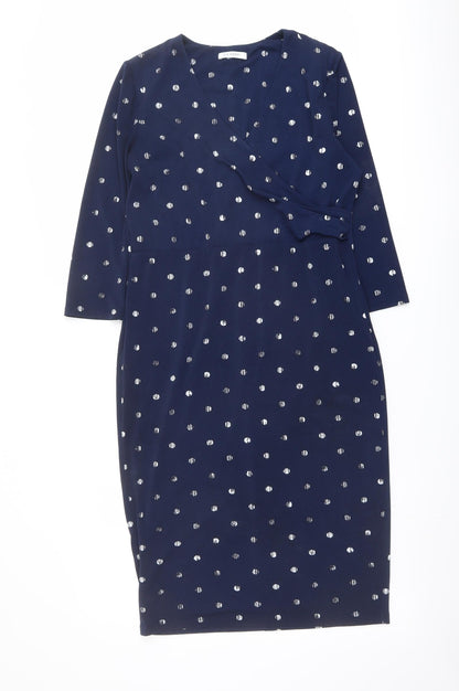 Classic Womens Blue Geometric Polyester Pencil Dress Size 12 V-Neck Pullover
