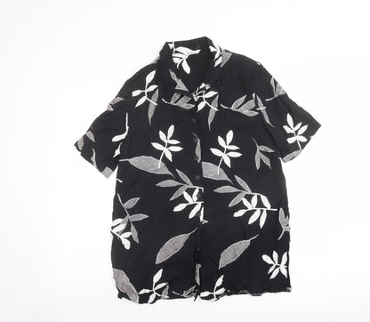 Berkertex Womens Black Geometric Viscose Basic Button-Up Size 14 Collared - Leaf Print