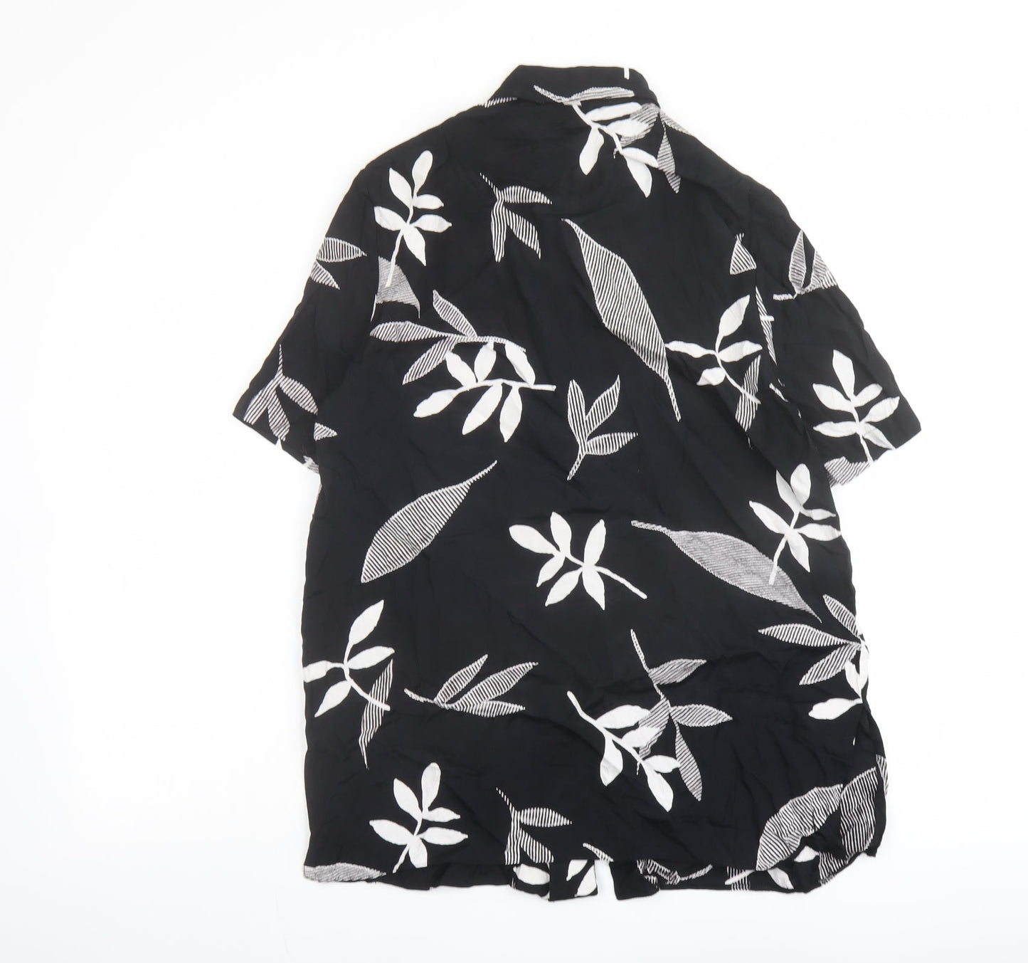 Berkertex Womens Black Geometric Viscose Basic Button-Up Size 14 Collared - Leaf Print