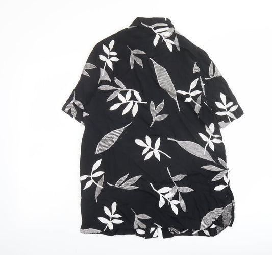 Berkertex Womens Black Geometric Viscose Basic Button-Up Size 14 Collared - Leaf Print