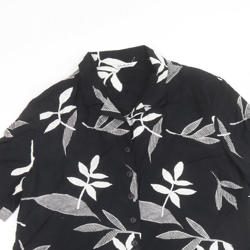 Berkertex Womens Black Geometric Viscose Basic Button-Up Size 14 Collared - Leaf Print