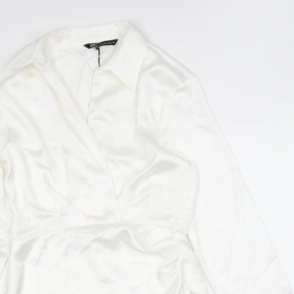 Zara Womens White Polyester A-Line Size S Collared Zip
